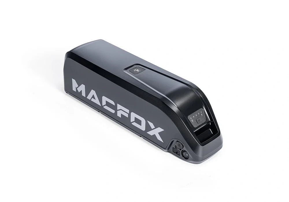 Macfox X7 and X7L eBike dual battery upgrade kit components displayed on a white background, including two batteries, wiring, and connectors.