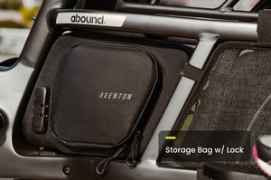 Aventon Abound electric cargo bike in profile view, shown with large rear rack, step-through frame, and front basket, set against a plain white background.