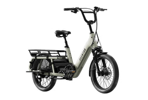 Aventon Abound LR electric cargo bike in Sage color, side view, shown with rear rack and step-through frame.