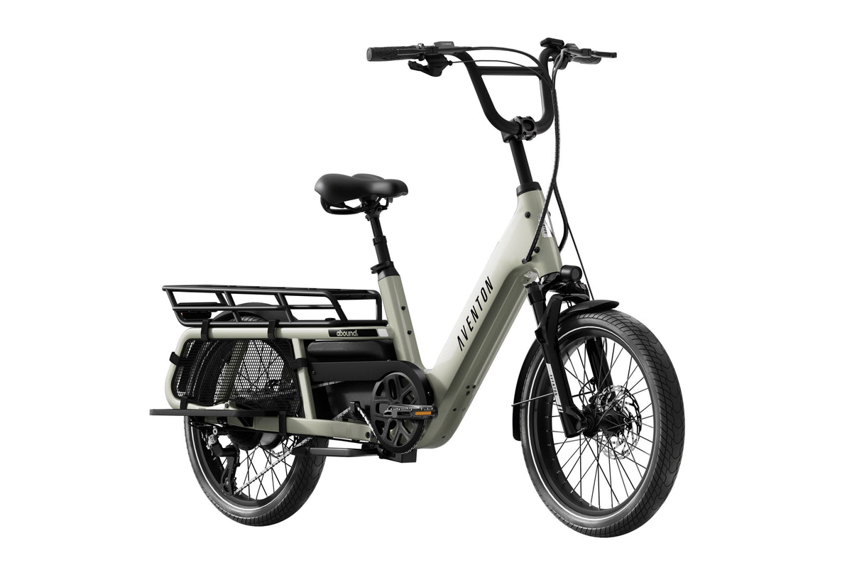 Aventon Abound LR electric cargo bike in Sage color, side view, shown with rear rack and step-through frame.