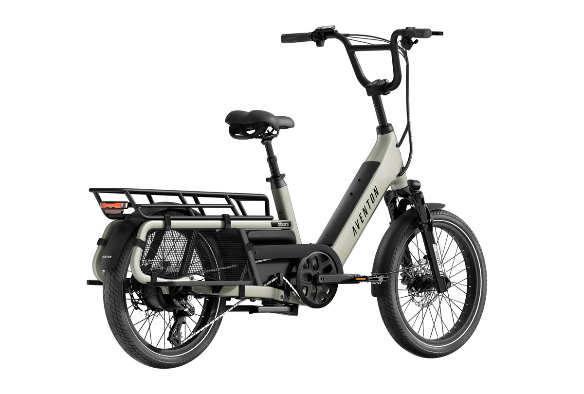 Aventon Abound LR electric cargo bike in Sage color, side view, shown with rear cargo rack and step-through frame design.