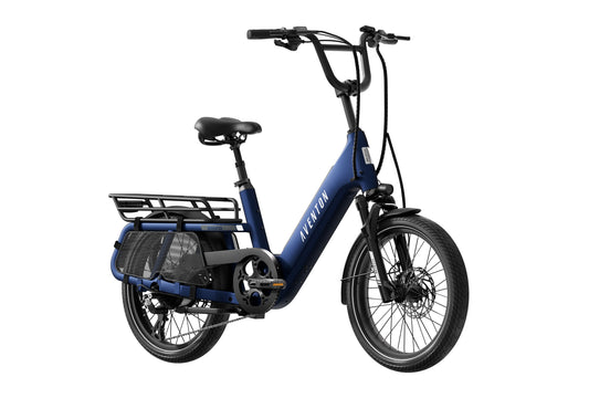 Aventon Abound SR electric cargo bike in Cobalt blue, side view, featuring rear cargo rack and step-through frame