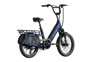 Aventon Abound SR electric cargo bike in Cobalt blue, side view, showcasing rear cargo rack and step-through frame design.