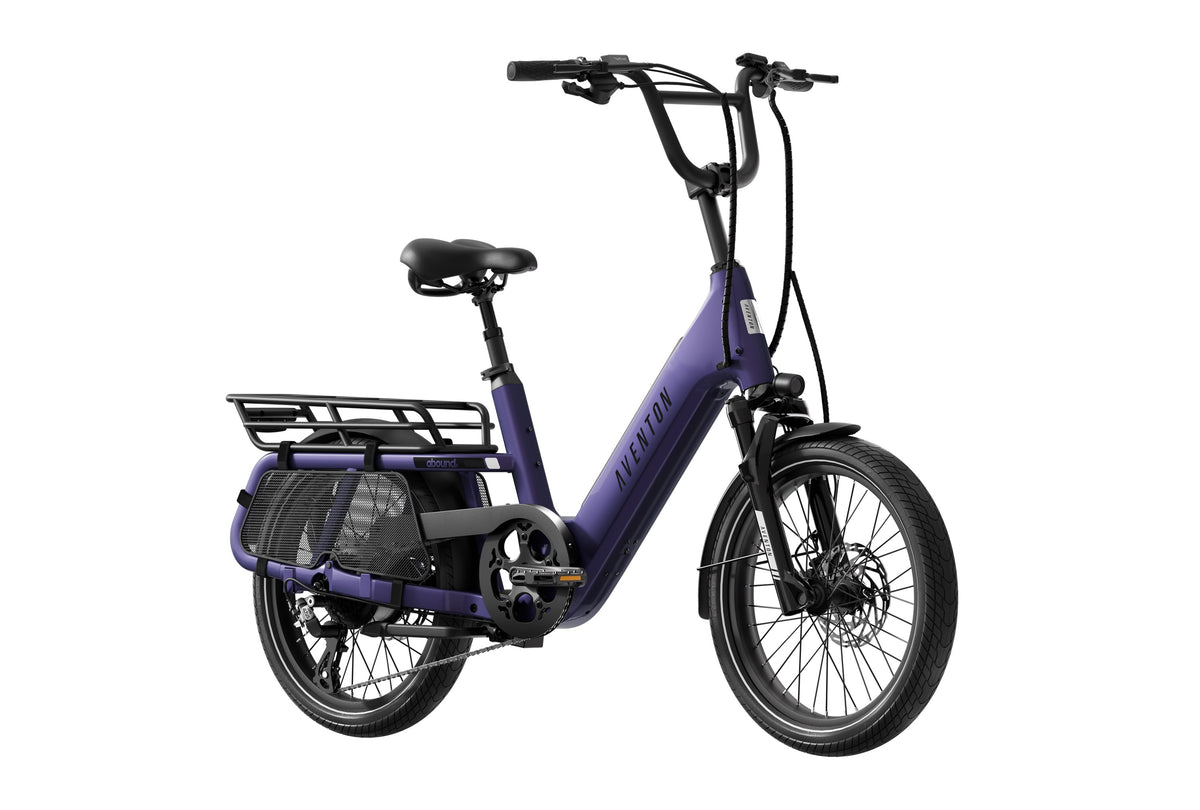 Aventon Abound SR electric cargo bike in Haze color, side view, displayed against a plain background.