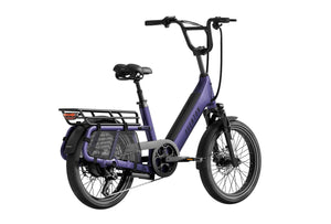 Aventon Abound SR electric cargo bike in Haze color, side view, with rear cargo rack and step-through frame