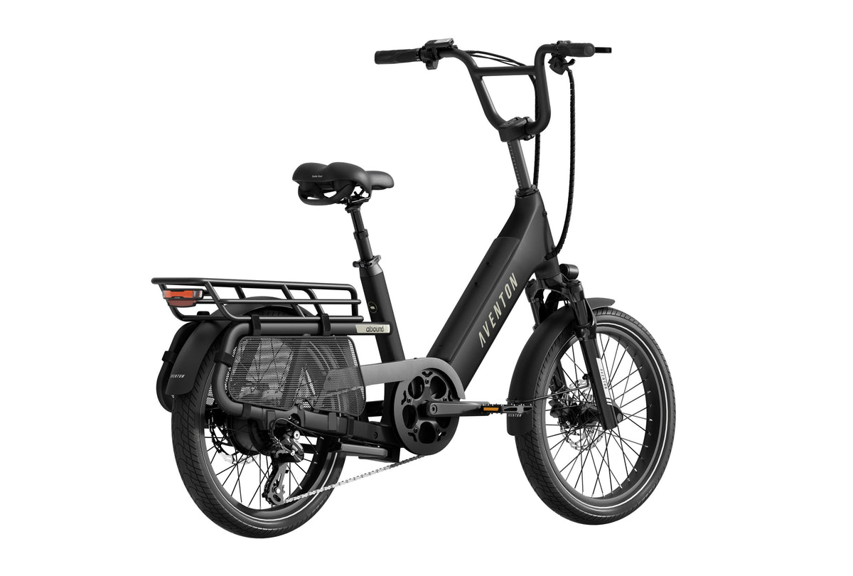 Aventon Abound SR electric cargo bike in Stealth color, side view, showcasing rear cargo rack and step-through frame design.