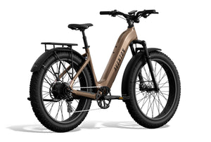 Aventon Aventure 3 Step-Thru electric bike in Java color, side view, showcasing frame design and integrated battery.