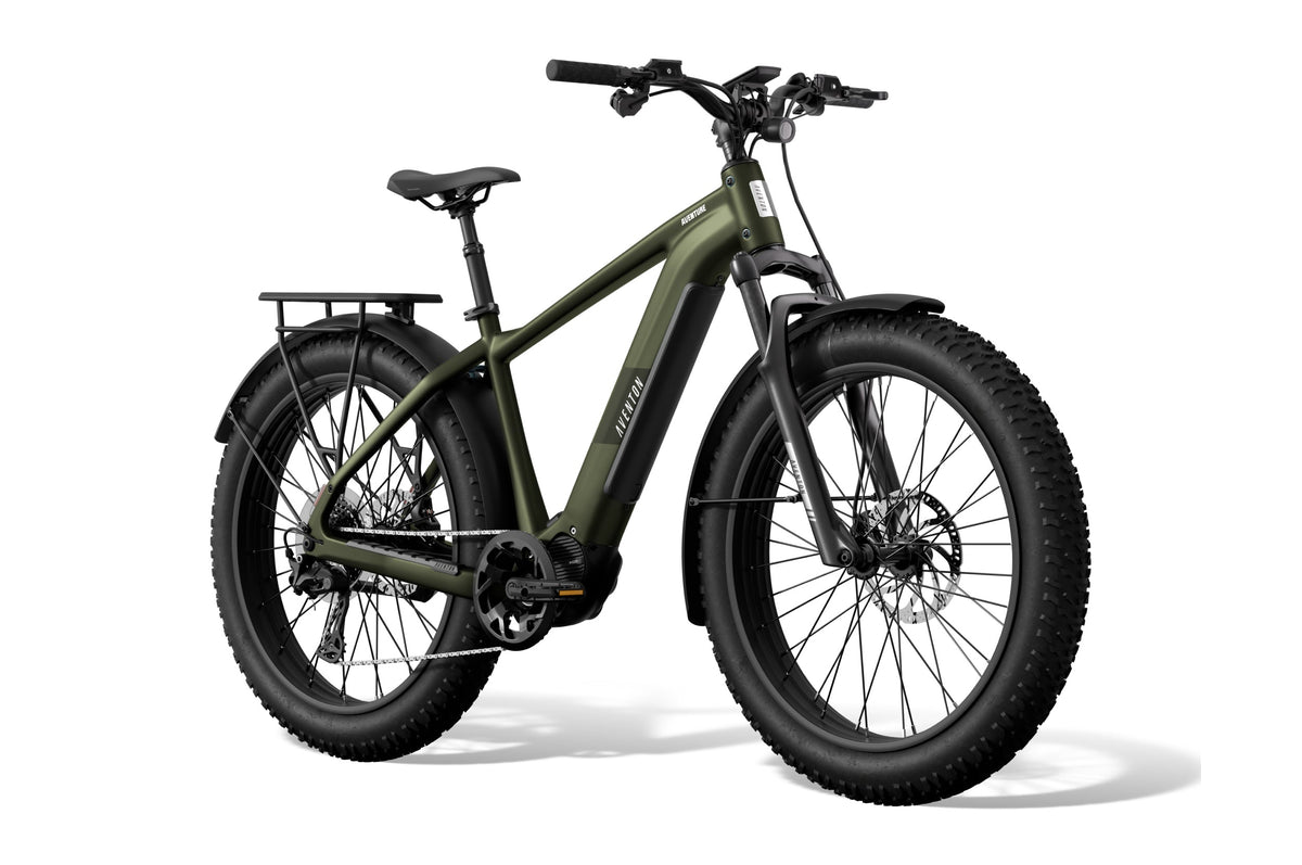 Aventon Aventure M electric bike in camouflage color, side view, displayed on a white background.