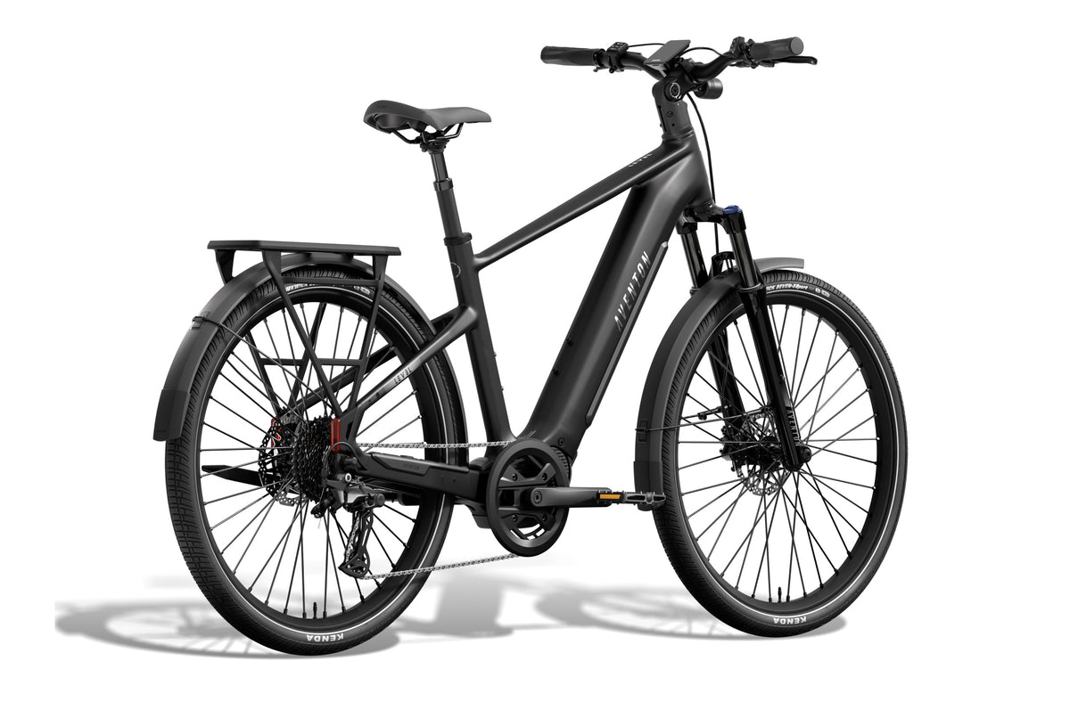 Aventon Level 4 ADV electric bike, step-over frame, matte black color, side view on white background