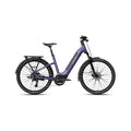 Aventon Level 4 ADV Step-Thru electric bike in Haze color, side view, showcasing frame design, integrated battery, and upright handlebars.