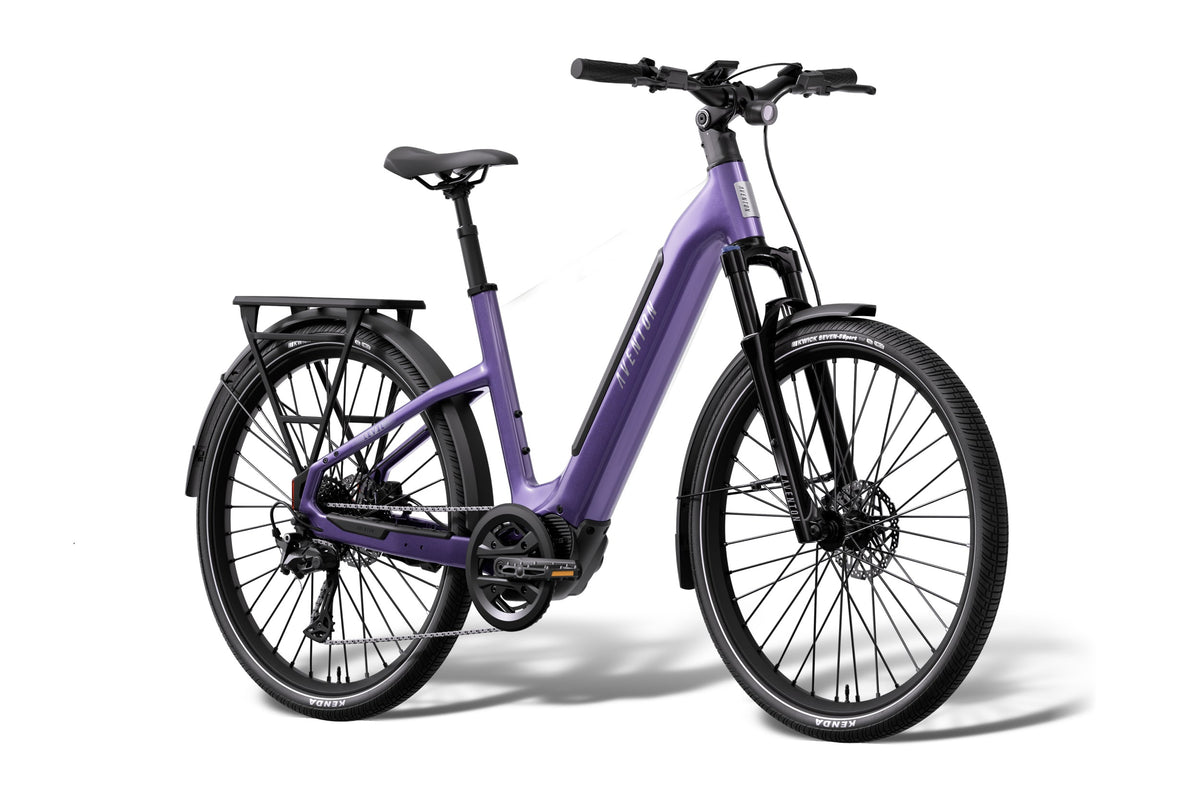 Aventon Level 4 ADV Step-Thru electric bike in Haze color, side view, showcasing frame design and integrated battery