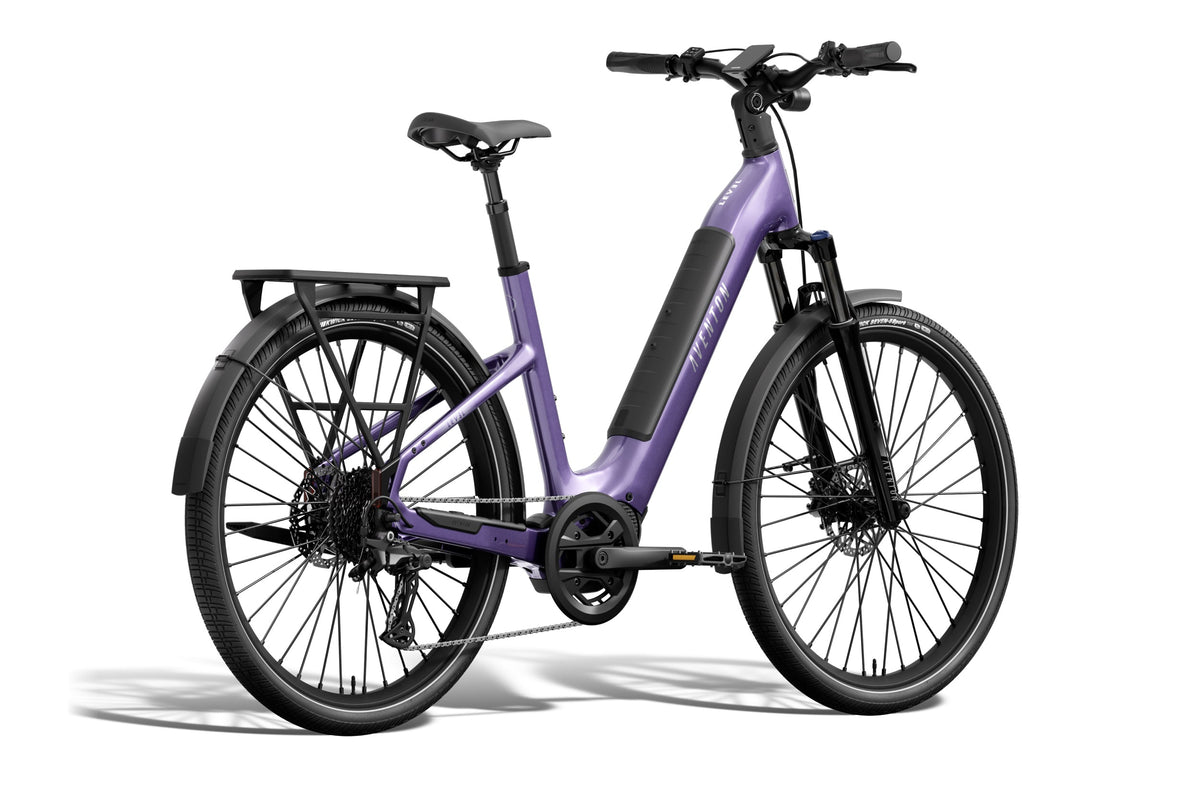 Aventon Level 4 ADV Step-Thru electric bike in Haze color, side view, showcasing frame design and integrated battery