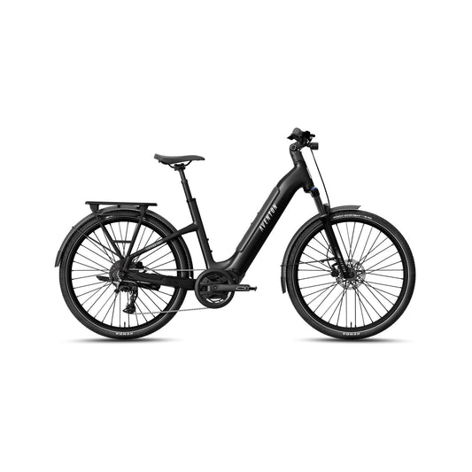 Aventon Level 4 ADV Step-Thru electric bike in matte black, side view, showcasing frame design and integrated battery