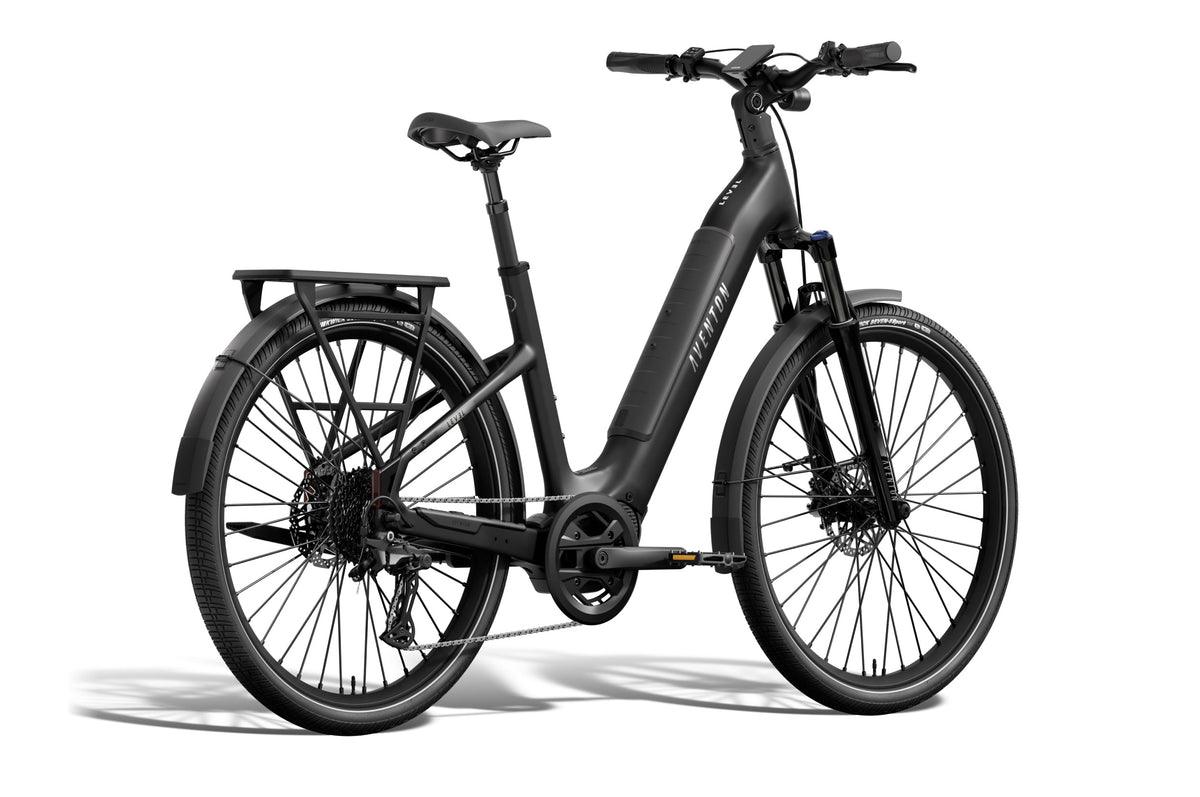 Aventon Level 4 ADV Step-Thru electric bike in matte black, side view, showcasing frame design and integrated battery