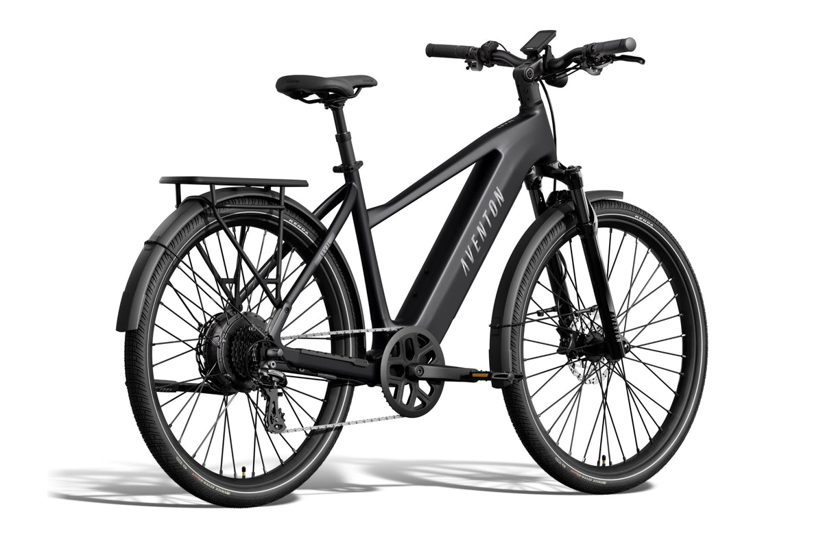 Aventon Level 4 REC electric bike, step-over frame, matte black color, side view on white background