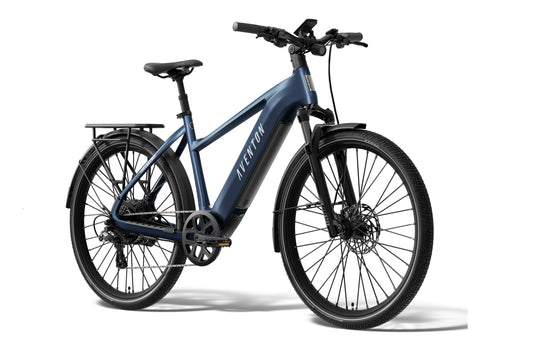 Aventon Level 4 REC electric bike, step-over frame, matte storm blue color, side view on white background