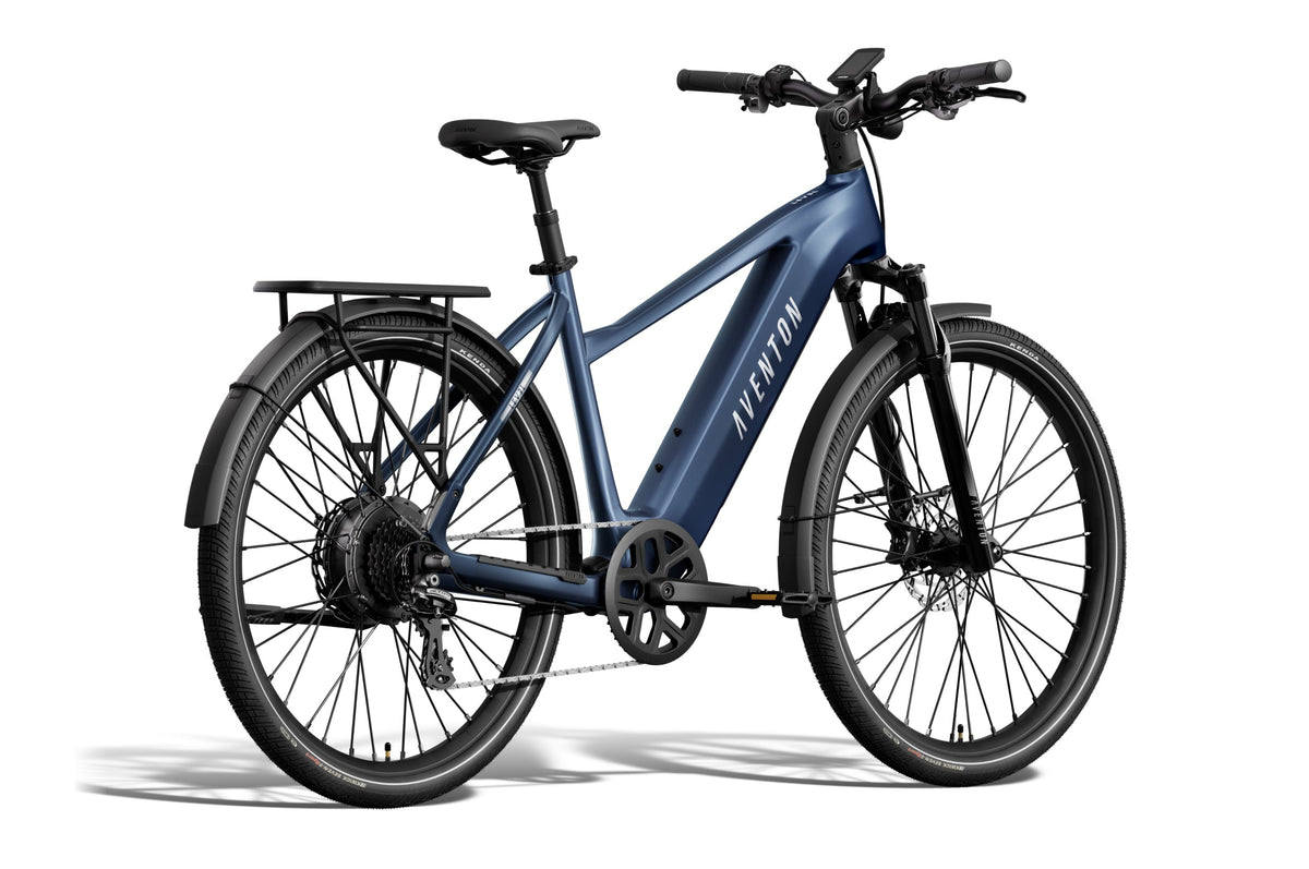 Aventon Level 4 REC electric bike, step-over frame, matte storm blue color, side view on a white background