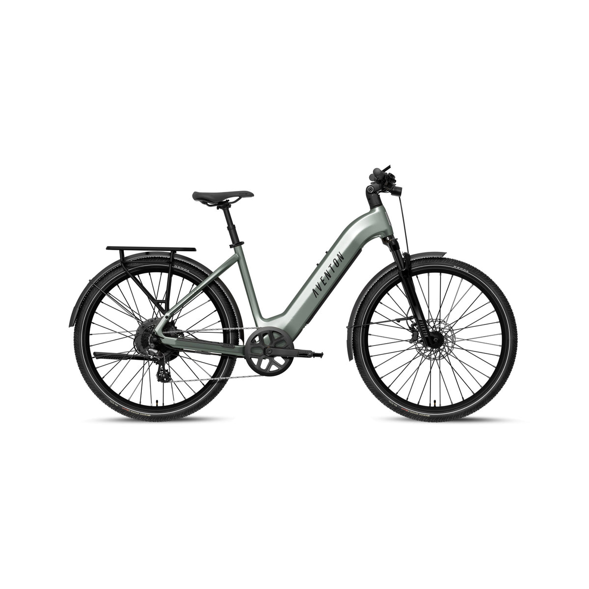 Aventon Level 4 REC Step-Thru electric bike in Glacier Mint color, side view, displayed on a white background