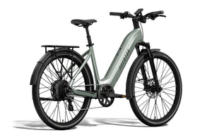 Aventon Level 4 REC Step-Thru electric bike in Glacier Mint color, side view, showcasing frame design and integrated battery