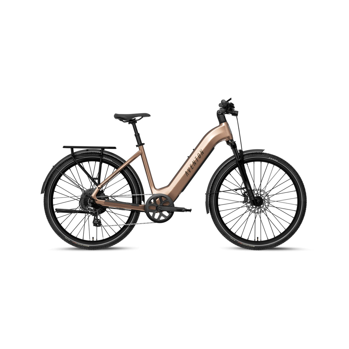 Aventon Level 4 REC Step-Thru electric bike in sandstone color, side view, displayed on a white background.