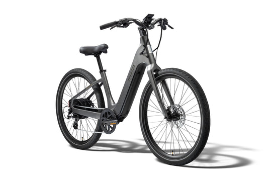 Aventon Pace 5 REC electric bike, step-thru frame in Anvil color, side view on white background