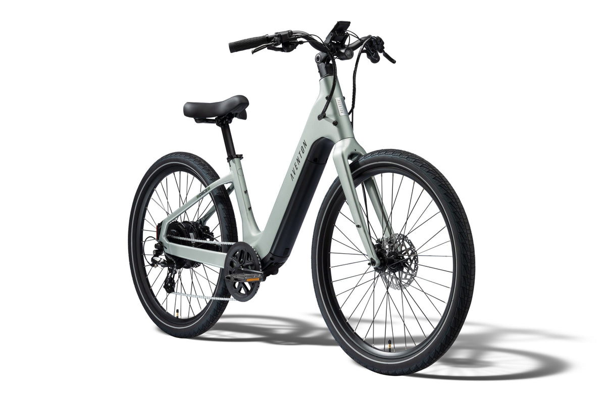 Aventon Pace 5 REC Step-Thru electric bike in Glacier Mint color, side view, displayed on a white background