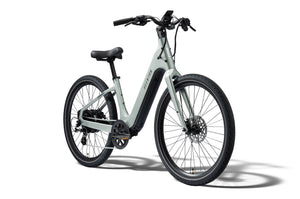 Aventon Pace 5 REC Step-Thru electric bike in Glacier Mint color, side view, displayed on a white background