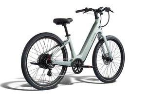 Aventon Pace 5 REC Step-Thru electric bike in Glacier Mint color, side view, showcasing frame design and features