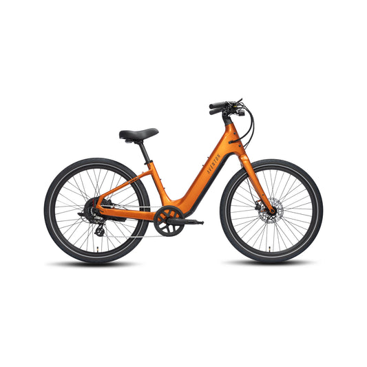 Aventon Pace 5 REC Step-Thru electric bike in Koi color, side view, showcasing step-thru frame and upright handlebars