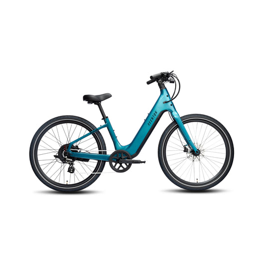 Aventon Pace 5 REC electric bike, step-thru frame, Lagoon blue color, side view on white background