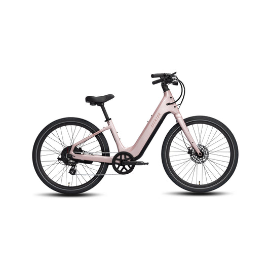 Aventon Pace 5 REC Step-Thru electric bike in Sakura pink, side view, showcasing step-thru frame design and upright handlebars.