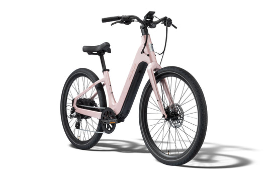 Aventon Pace 5 REC electric bike, step-thru frame, Sakura pink color, side view on white background