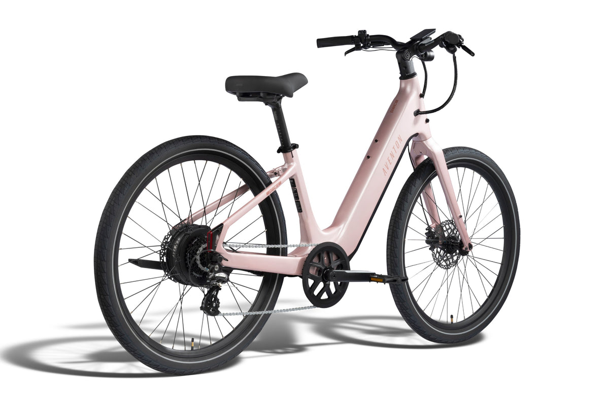 Aventon Pace 5 REC Step-Thru electric bike in Sakura color, side view, against a plain background