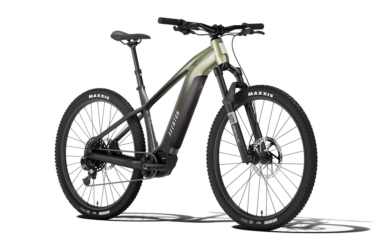 Aventon Ramblas ADV electric mountain bike in Borealis color, side view, displayed against a white background.