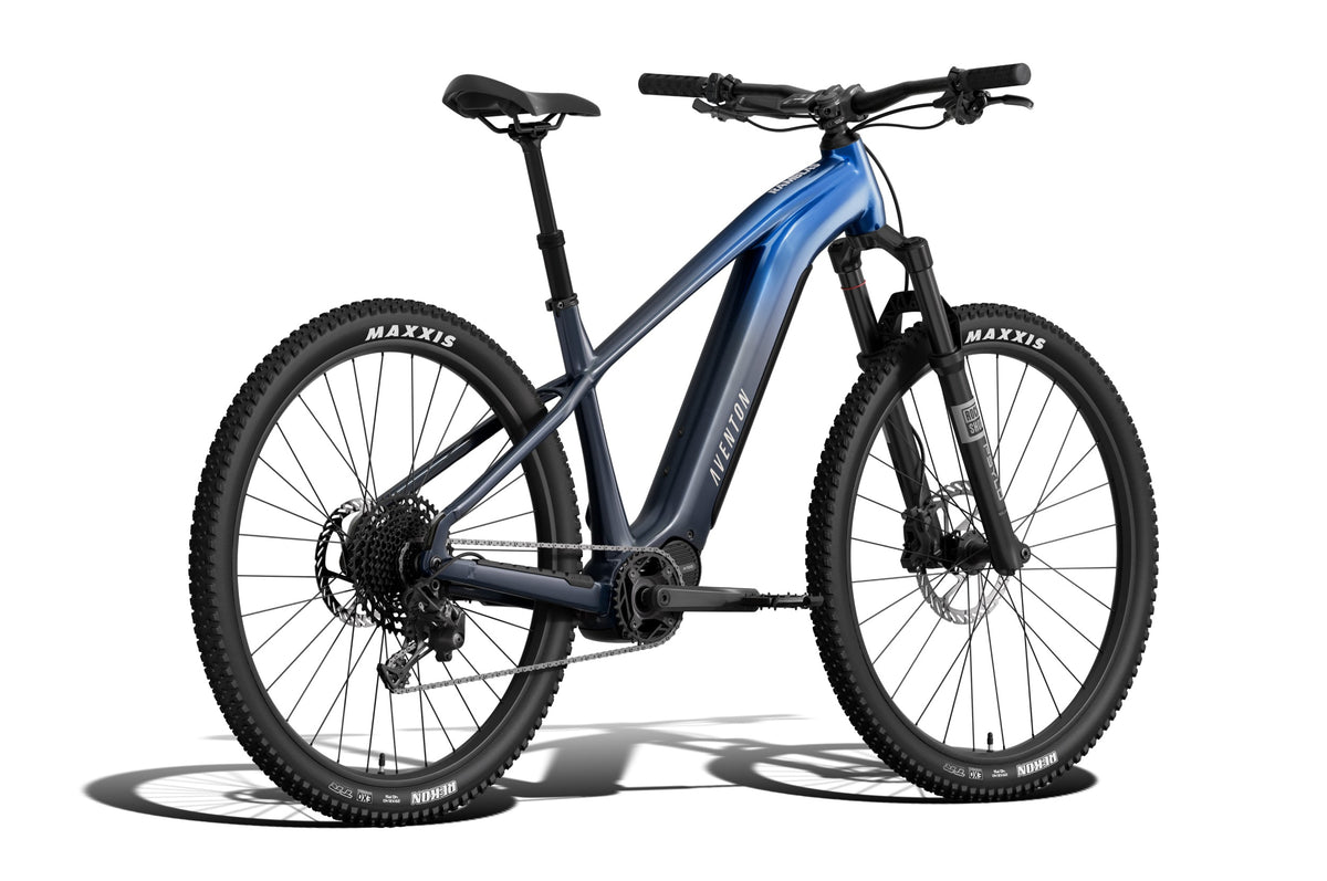 Aventon Ramblas ADV electric bike in Cerulean blue, side view, displayed against a white background