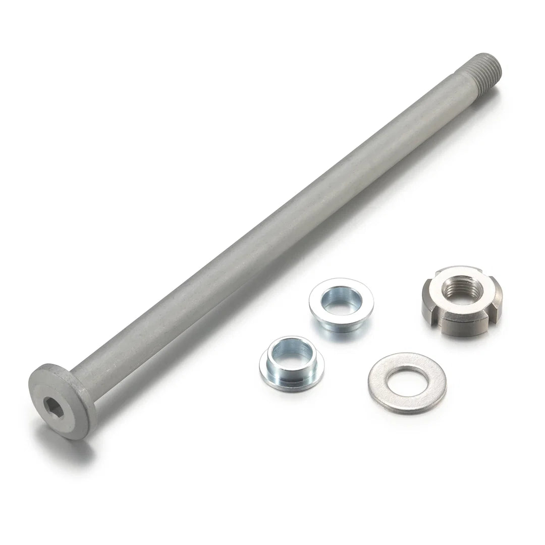 Eride Pro M12 Jackshaft Axle displayed on a white background, showing the full length of the metal axle with threaded ends and precision-machined features.