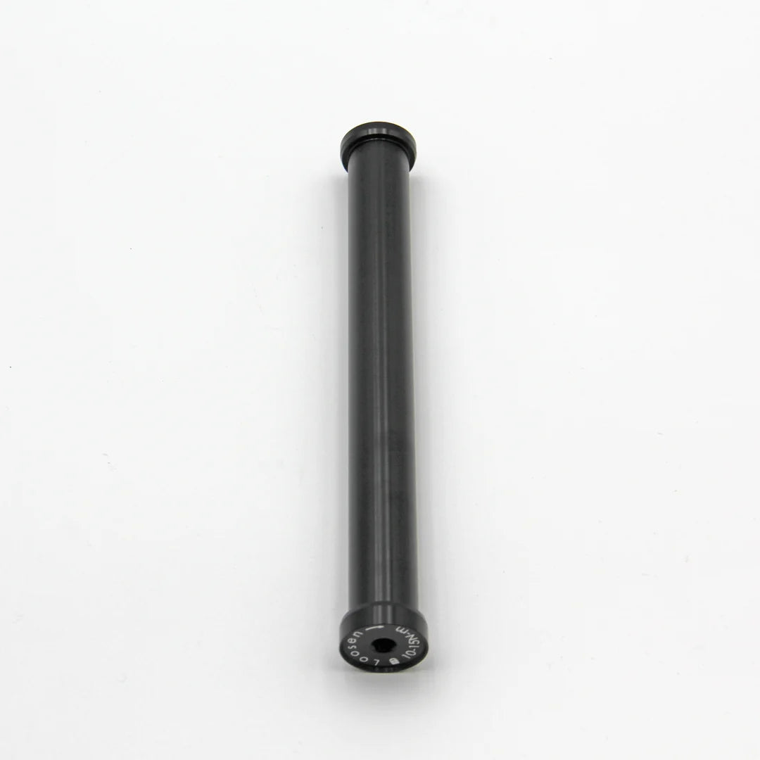 Front view of the Eride Pro ProS SS2.0 front wheel axle, showing the axle's metallic finish and detailed design features.
