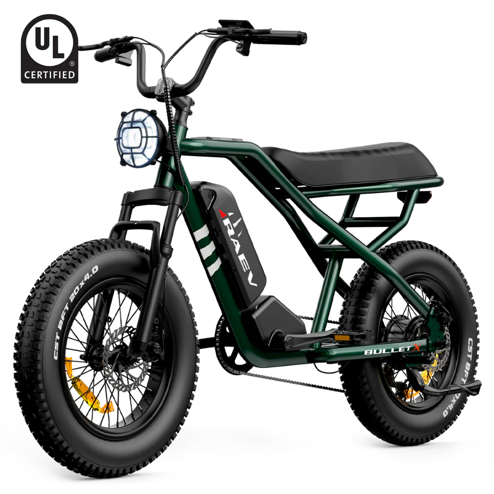 Metallic green Raev Bullet X eBike side view with black tires and sleek frame design