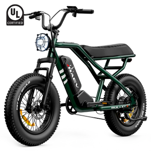 Metallic green Raev Bullet X eBike side view with black tires and sleek frame design