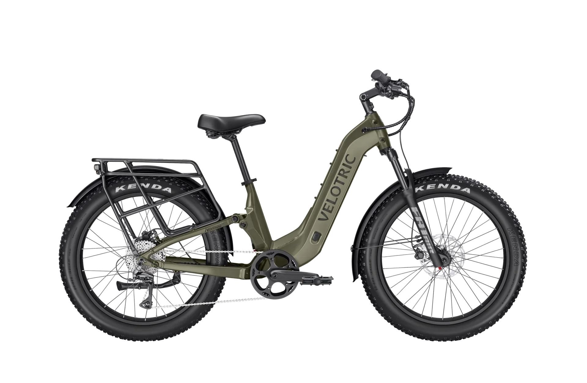 Velotric Nomad 2X eBike in Sage color, Step-Thru frame, side view on white background