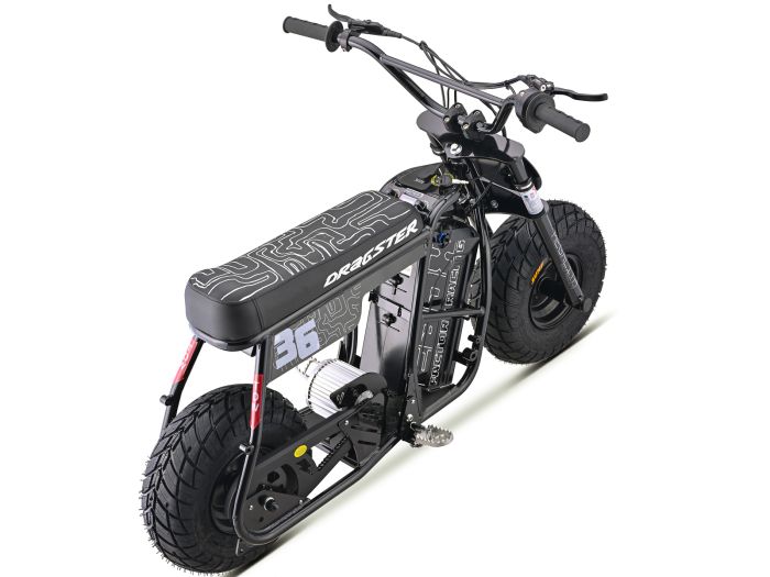 Black eMOTO EBOX Dragster electric bike, side view, against a white background