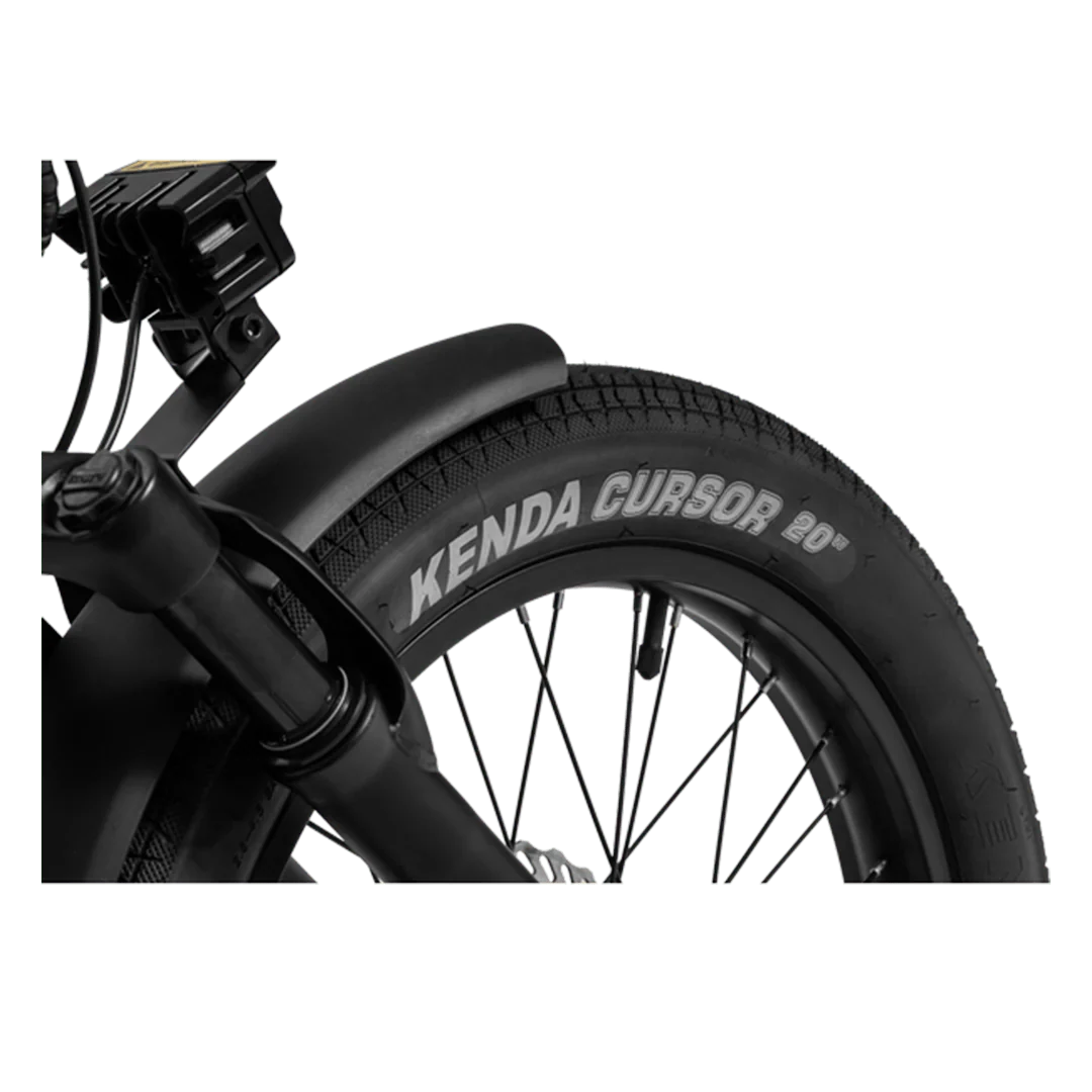 Electric bike in matte black finish with step-through frame, upright handlebars, rear cargo rack, and wide tires, photographed from a side angle against a plain background.