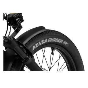 Electric bike in matte black finish with step-through frame, upright handlebars, rear cargo rack, and wide tires, photographed from a side angle against a plain background.