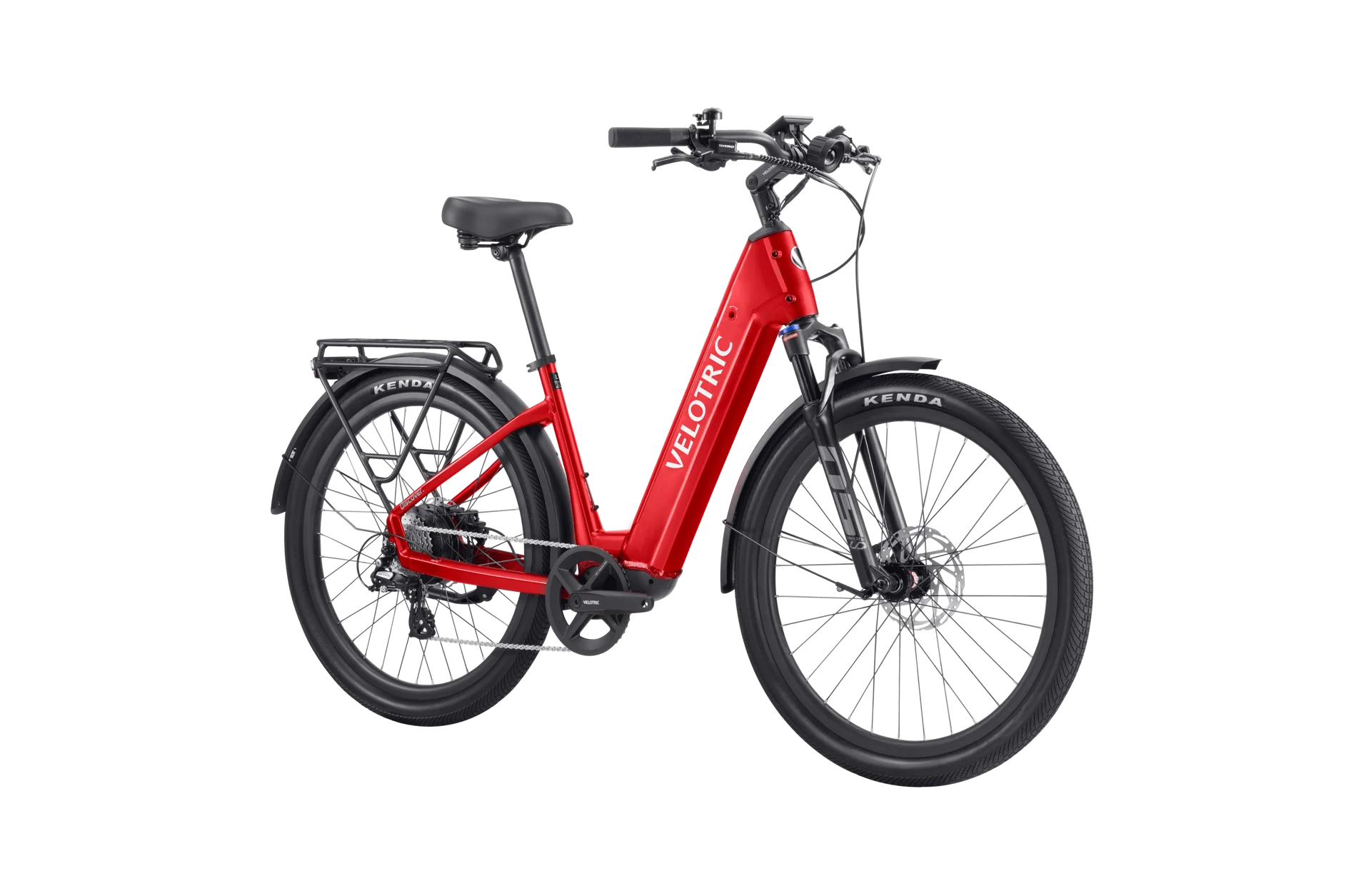 Velotric Discover 2 electric bike in Cherry Crimson color, side view, against a white background