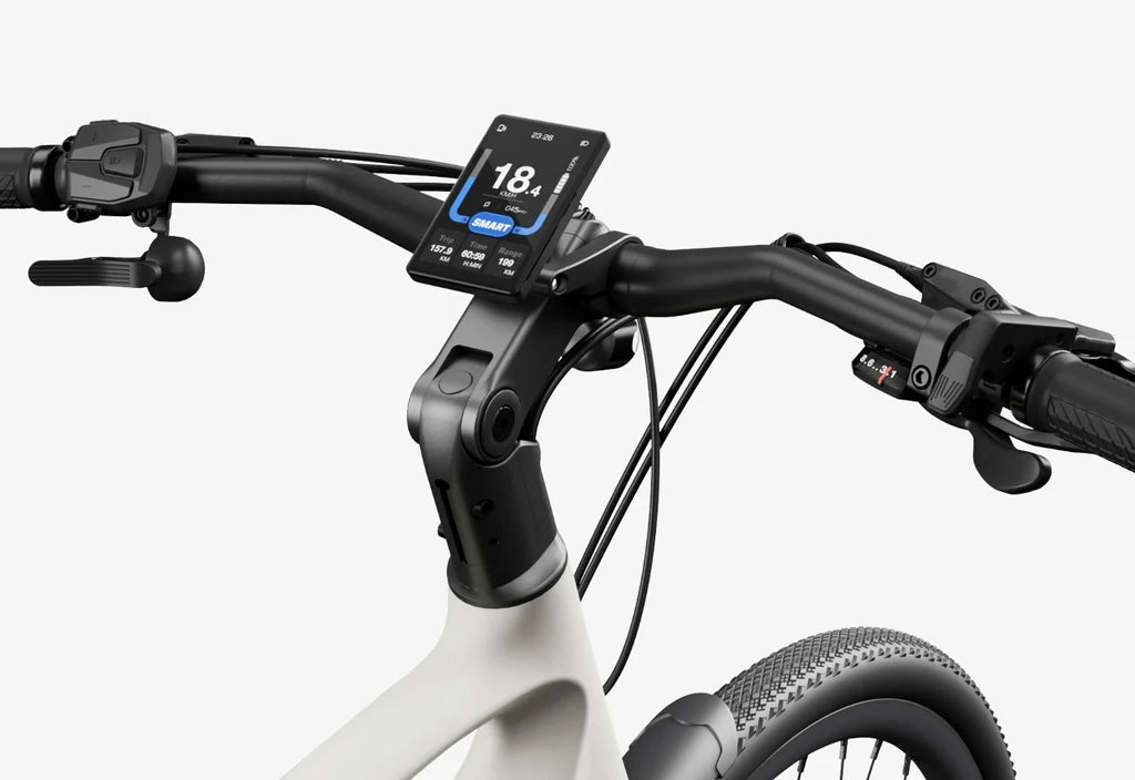 Side view of the Urtopia Carbon Classic eBike in creme color, showcasing its lightweight carbon frame, sleek design, and integrated components against a plain background.