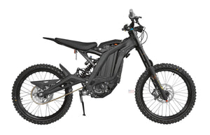 eMOTO SurRon Light Bee X Electric Dirt Bike, Trail eBike, 60v 40ah, side view, black and yellow frame, off-road tires