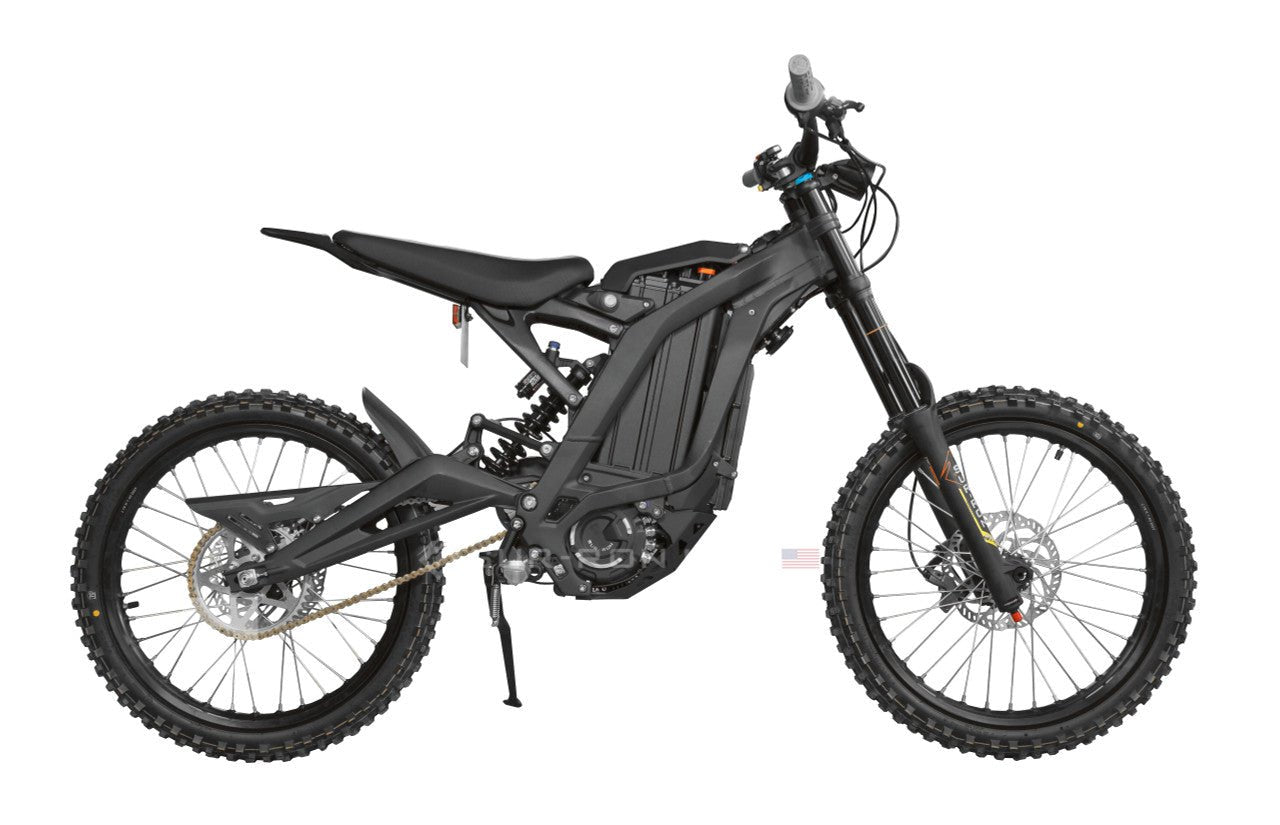 eMOTO SurRon Light Bee X Electric Dirt Bike, Trail eBike, 60v 40ah, side view, black and yellow frame, off-road tires