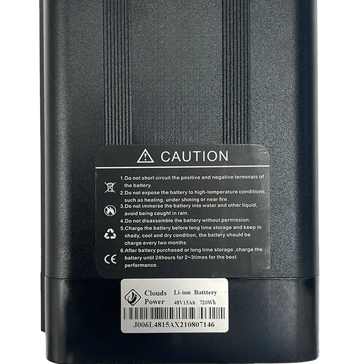 48V 15AH Silverfish battery with black and silver casing, side view showing power indicator and connector ports