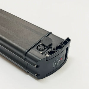 48V 15AH Silverfish battery, rectangular silver casing with black end caps, side view, product image on white background