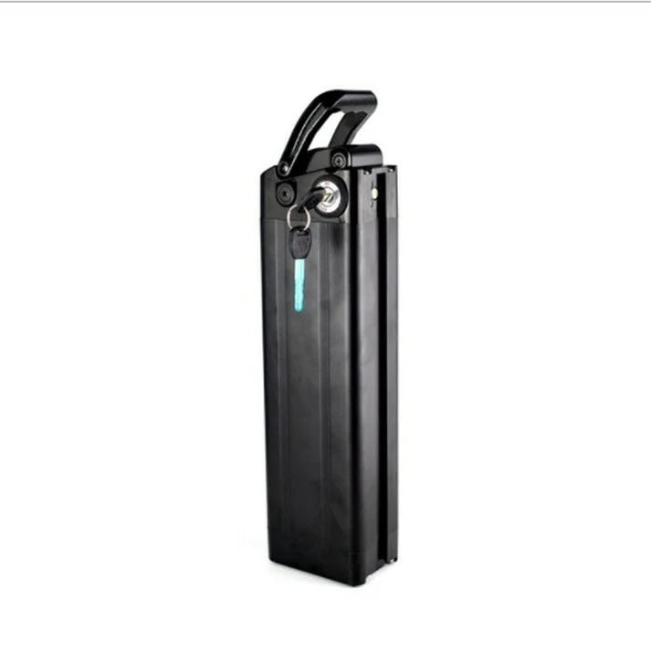 A 48V 15AH Silverfish battery with a black and silver rectangular casing, shown from a side angle against a plain background.